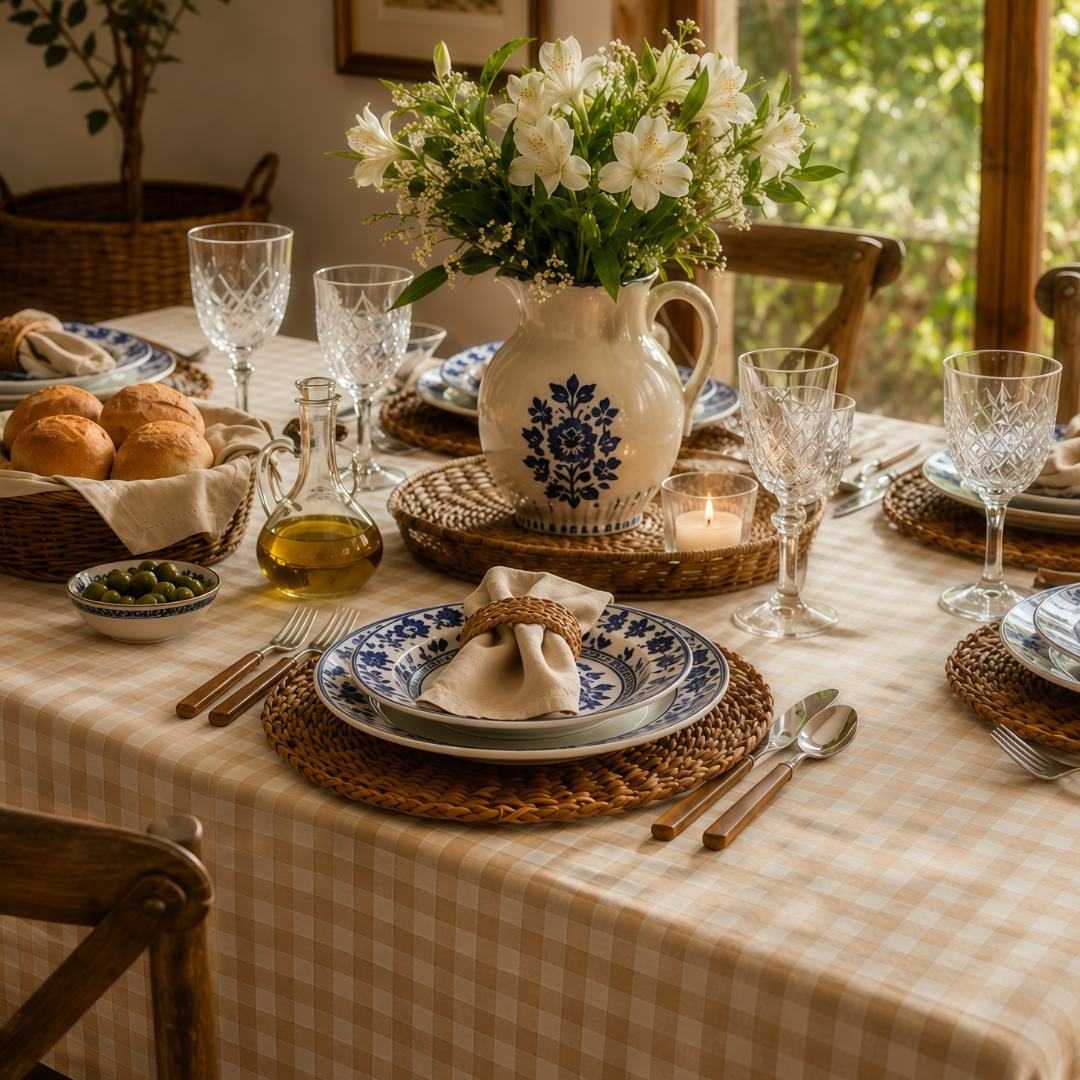 Toalha de Mesa Xadrez Bege e Off White-Quadrada 1,40m