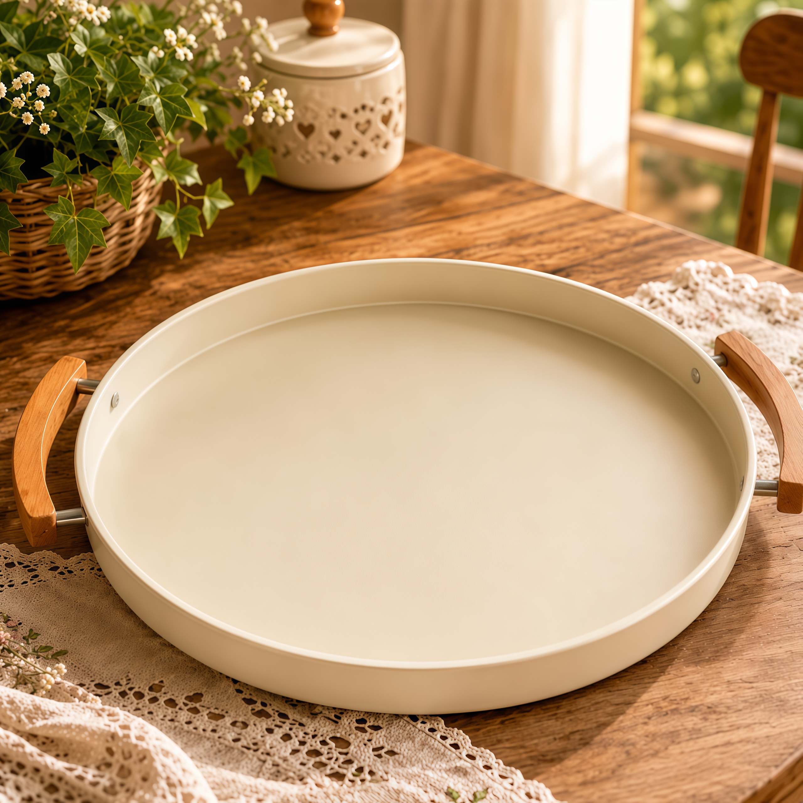 Bandeja Decorativa Multiuso Grande para Servir - Metal Redonda - Cor Creme