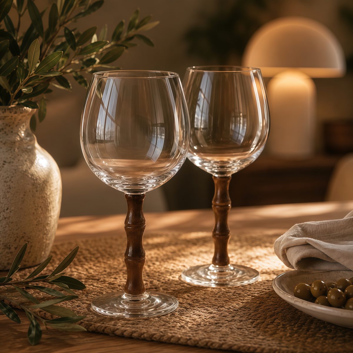 Kit C/6 Taça Vinho Bambu Elegante Sofisticado Vidro