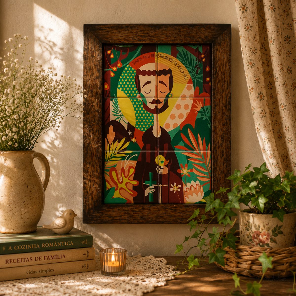 Quadro São Francisco C/ Azulejo e Moldura de Madeira Maciça