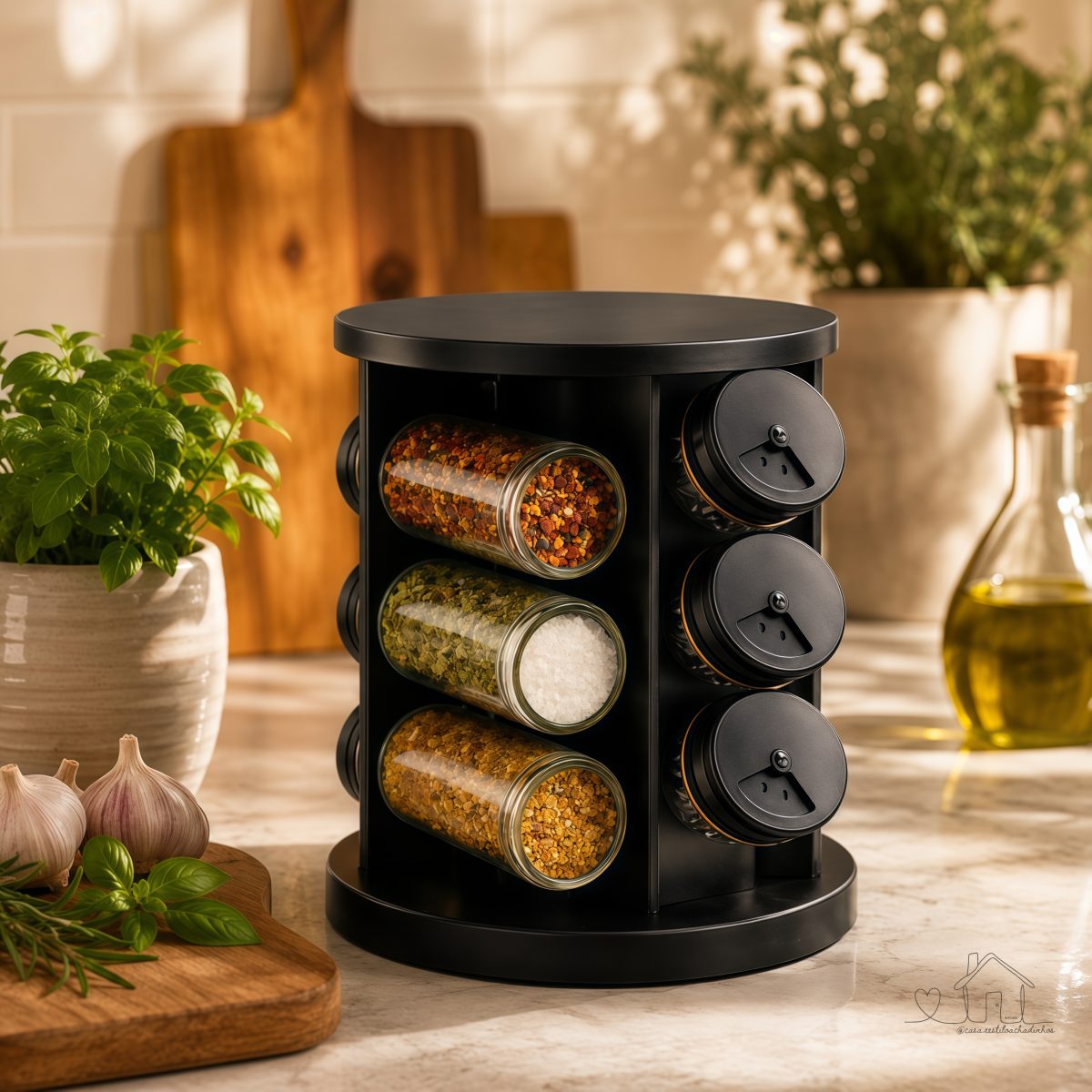 Porta Condimentos Temperos Giratório 9 Potes de Vidro - Preto