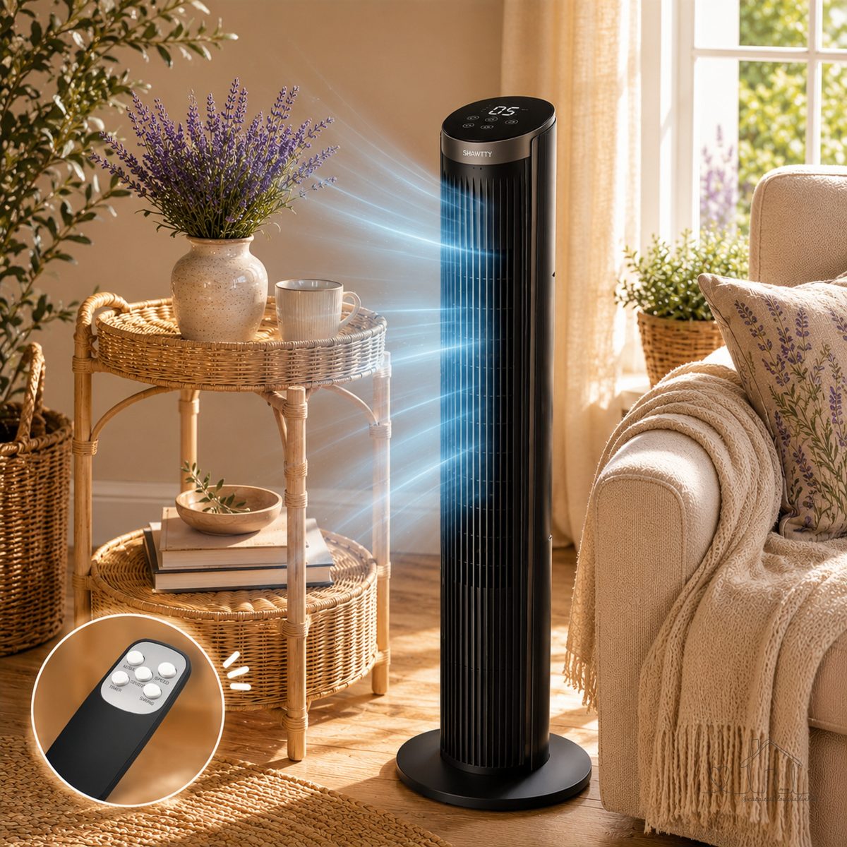 Ventilador de Torre Shawty Silencioso com Controle Remoto e Oscilação de 90°