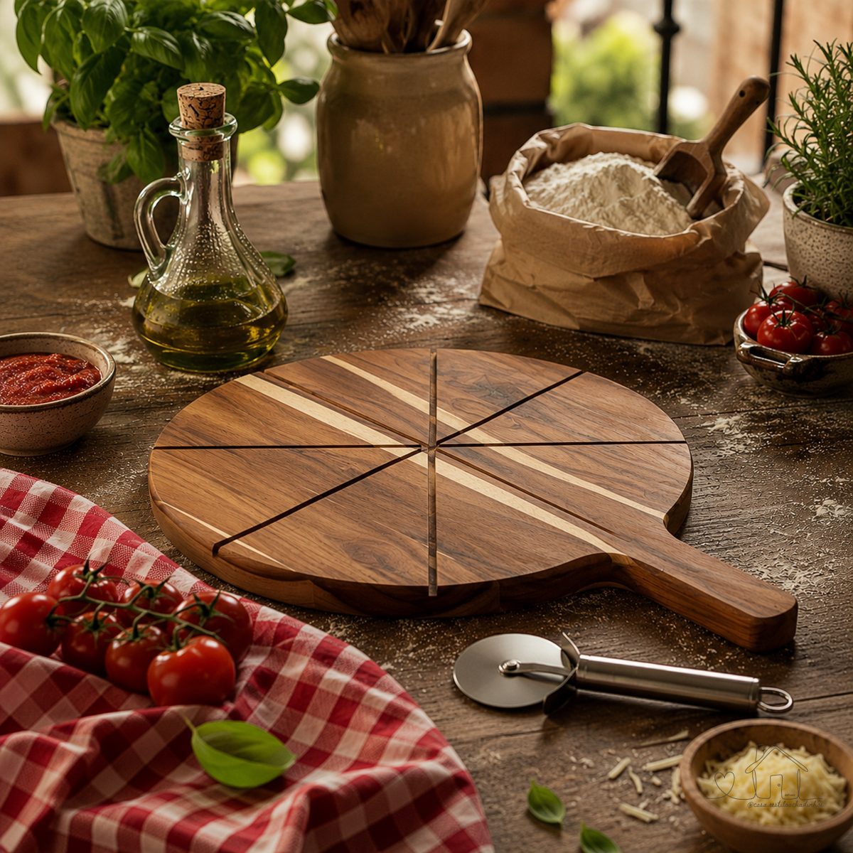 Tábua Para Servir e Cortar Pizza - 37cm - 8 Pedaços - Madeira Teca