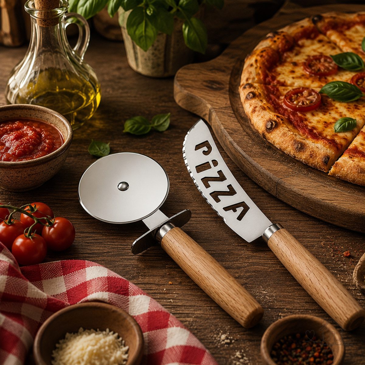 Kit Cortador de Pizza em Inox e  Cabo Madeira