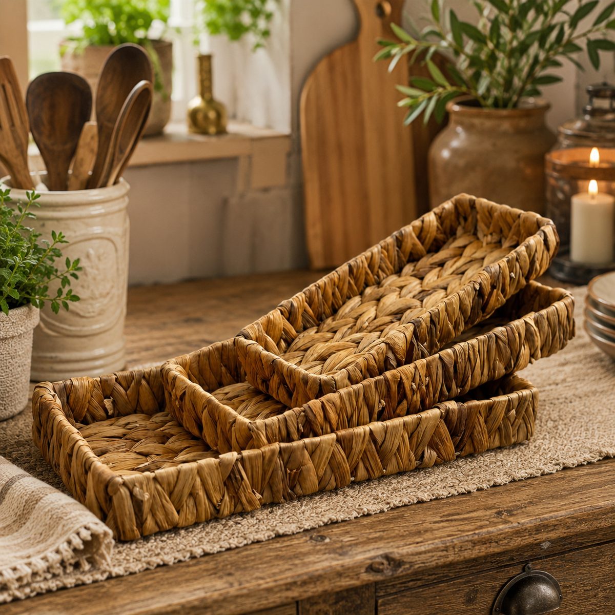 Bandeja de Vime Organizadora Palha Rattan Decoração Cozinha Servir Café Frios