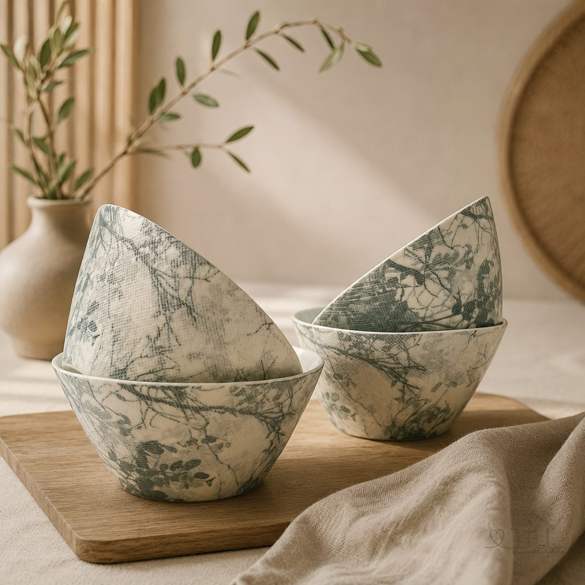 4 Bowls Cerâmica Folhagem - Cinza Azulado - Grande