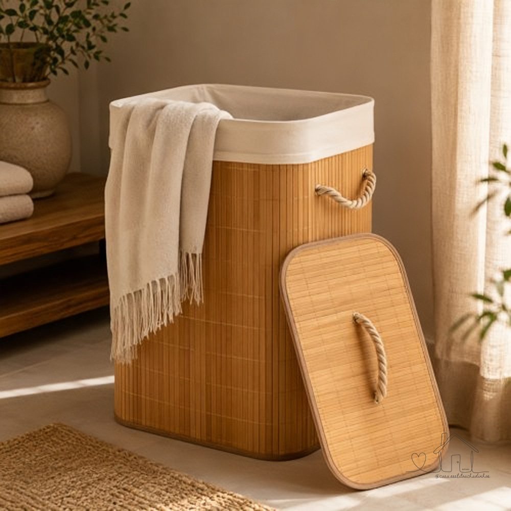 Cesto Roupa Bambu Retangular Redondo com Tampa