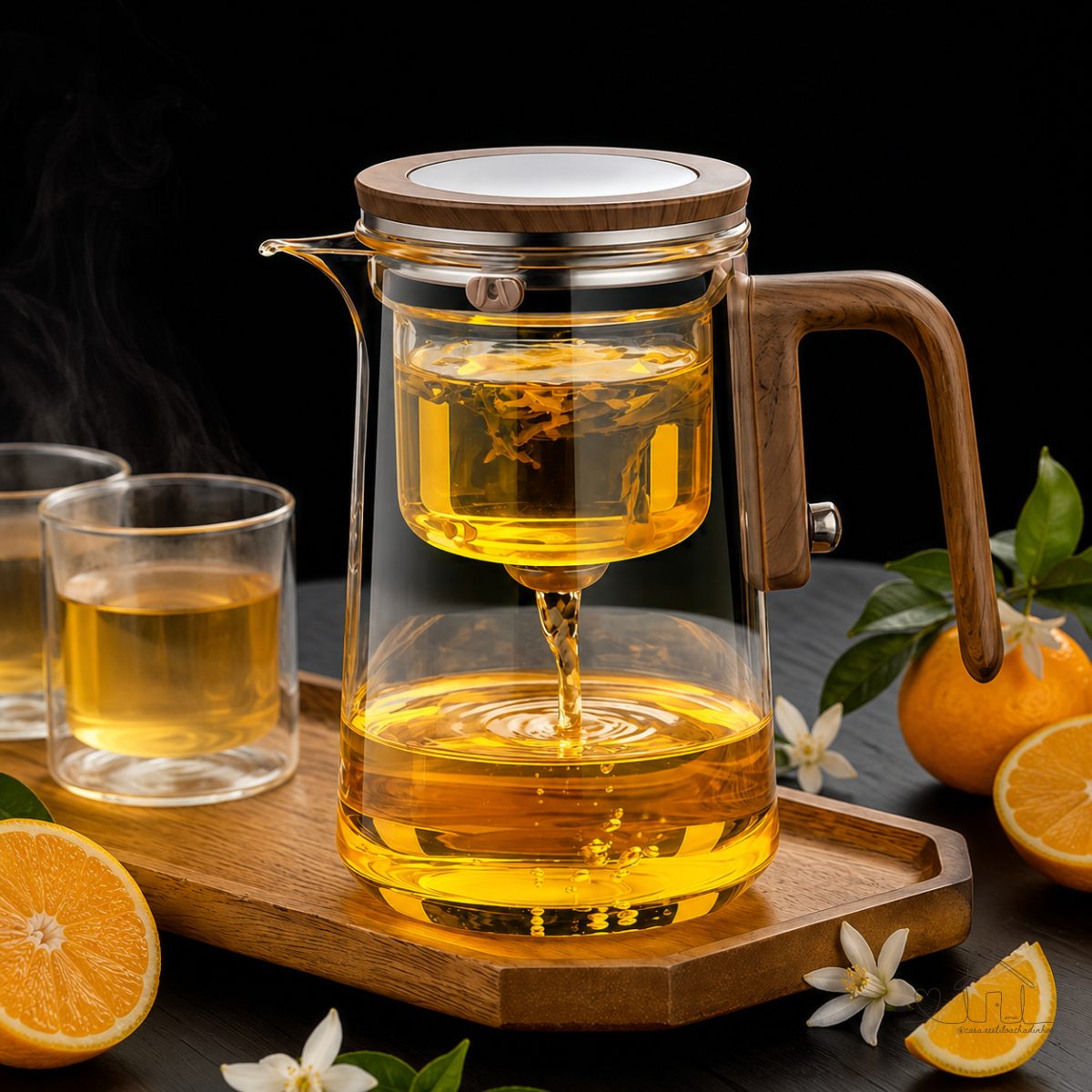 Chaleira Bule Infusor de Chá Vidro Borossilicato 800ml - Aço Inox com Madeira Sistema Filtro Magnético