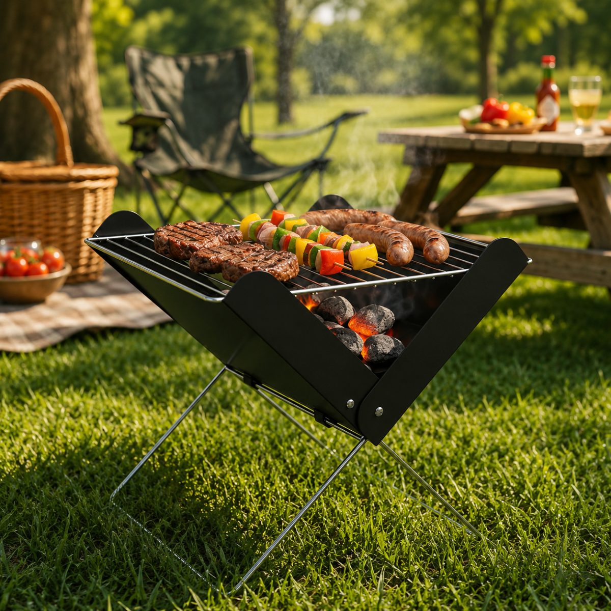 Churrasqueira Portátil Carvão Preto Inox Camping Dobrável