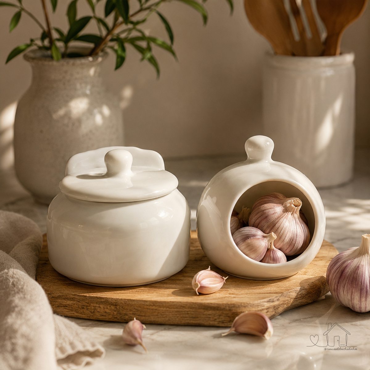 Kit Porta Alho Alheiro Saleiro Organizador de Cozinha Condimentos Cerâmica