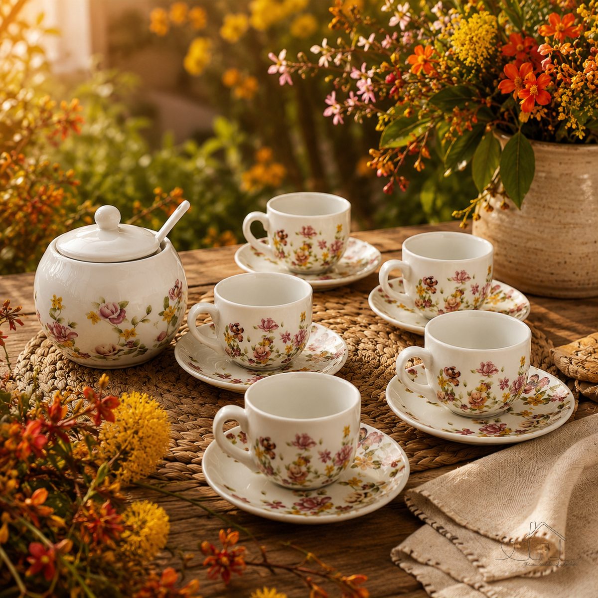 Kit Xicaras De Chá + Açucareiro Decoradas Porcelana 13 Peças