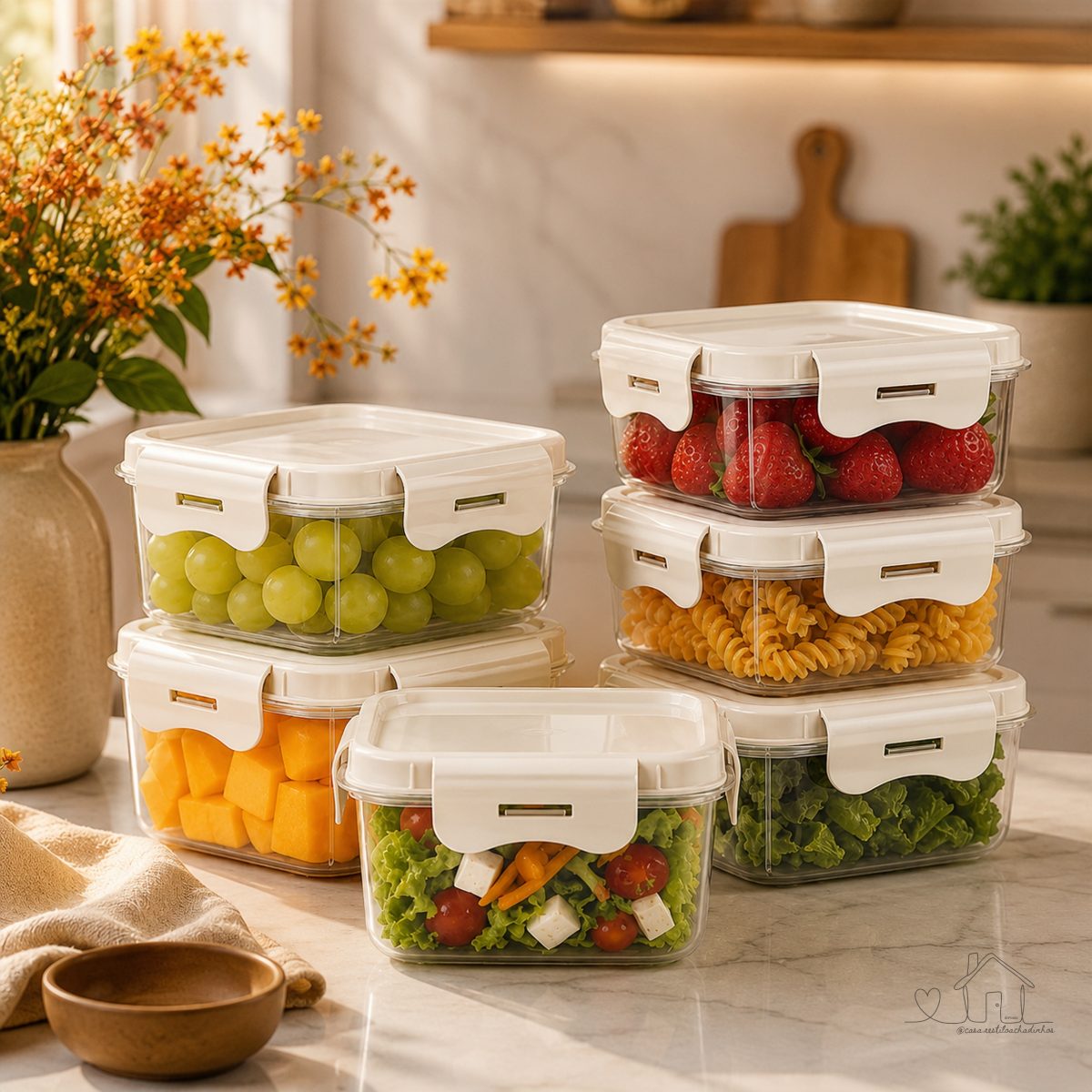 Kit 6 Potes Quadrados com 4 Travas - 900ML - Off White Giotto
