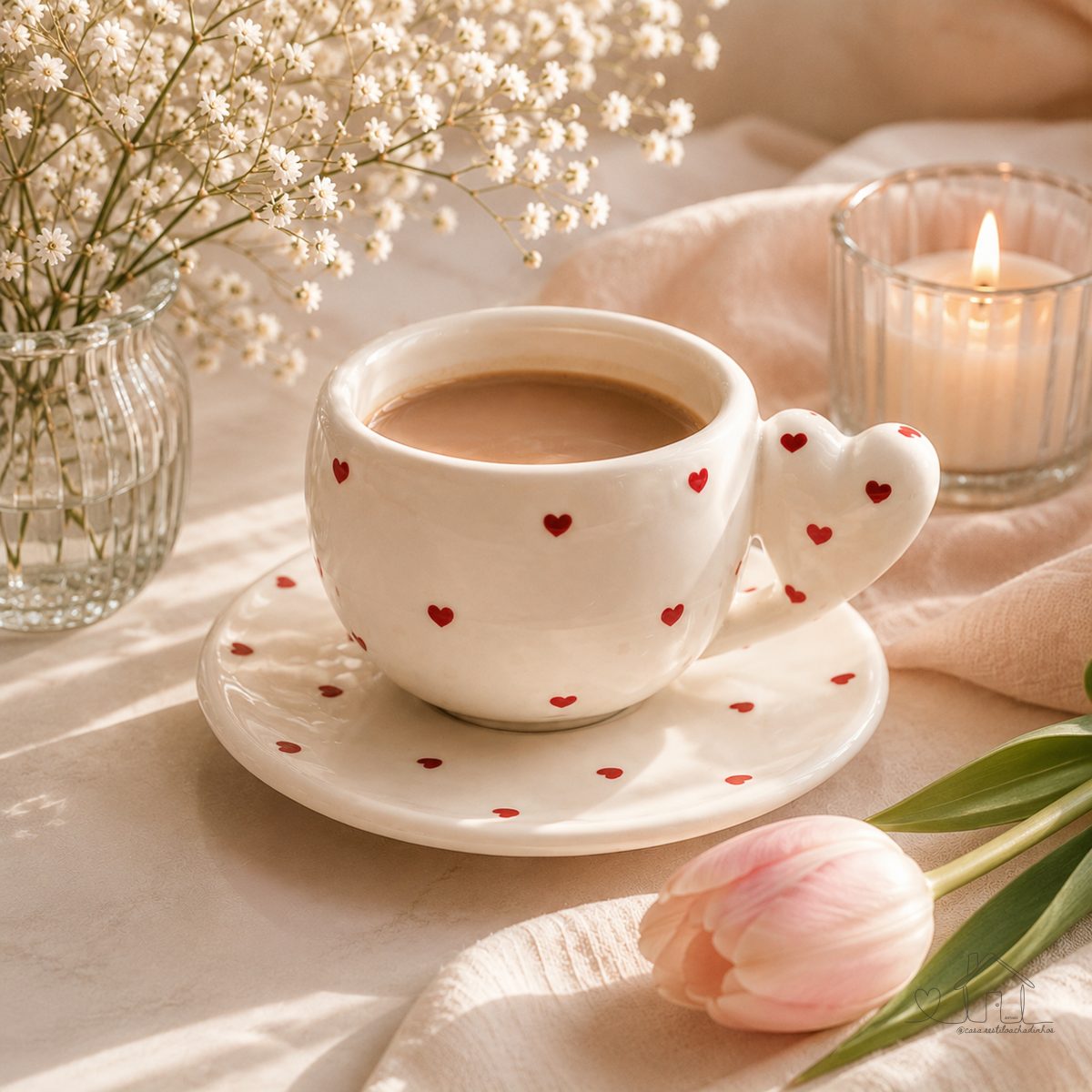 Xícara Coração com Pires Porcelana Branca Corações Vermelhos Kit Romântico Café e Chá