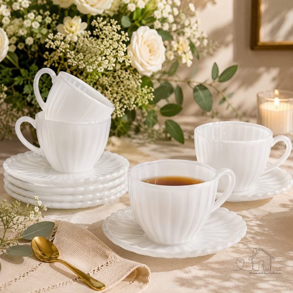 Conjunto Xícaras Com Pires Petala Branca Cha e Cafe 12 Peças Transparente Vidro 200ml Decorada