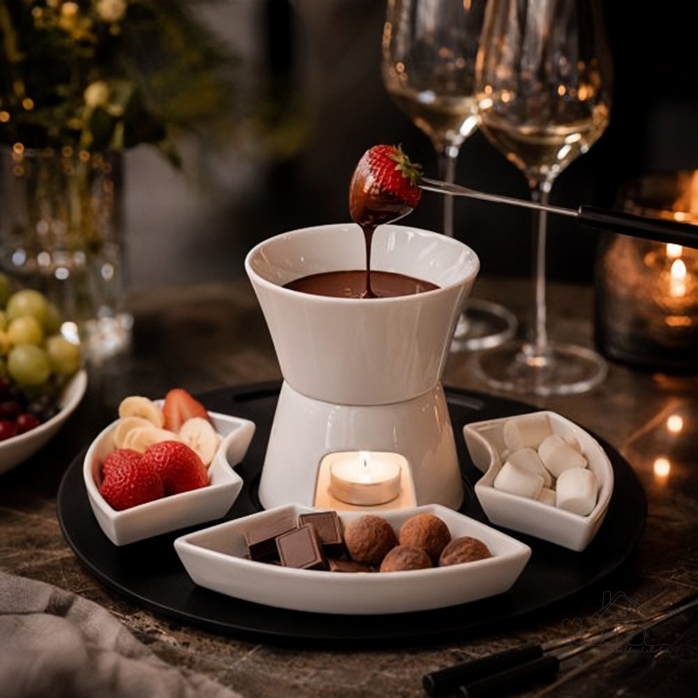 Conjunto de Fondue 11 Peças Cerâmica com Pratos Garfos para Chocolate e Queijo 300ml