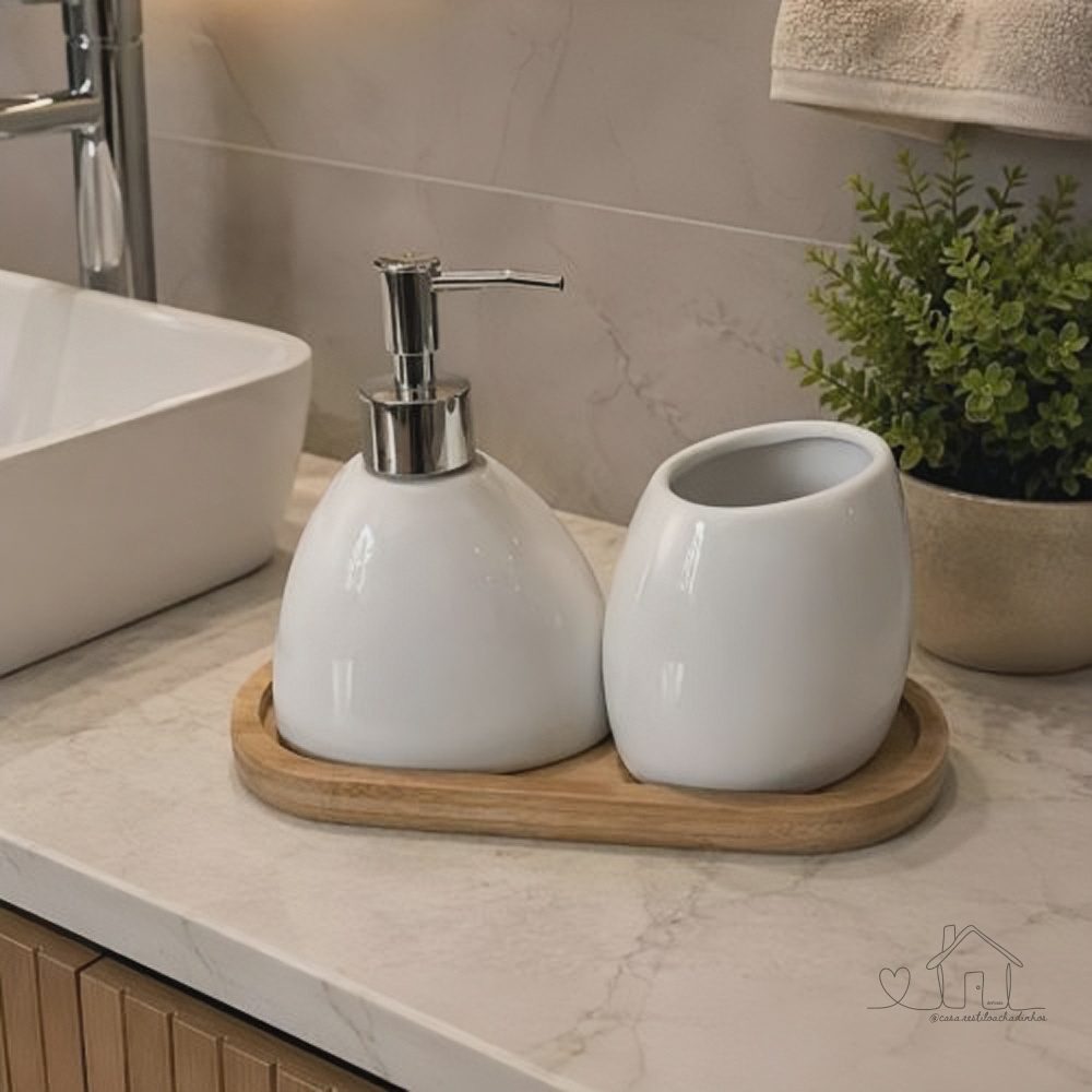 Kit Banheiro Lavabo 2 Peças + Bandeja de Bambu Porta Sabonete Líquido Suporte p/Escovas Em Cerâmica