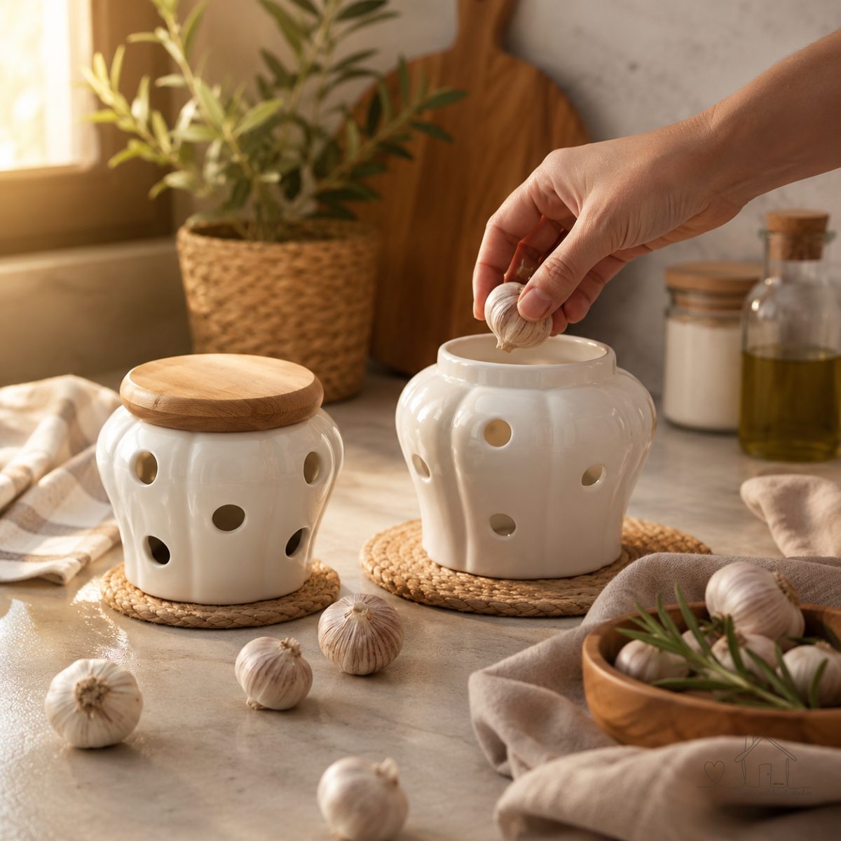 Porta Alho Porcelana Ceramica Branca com Tampa Bambu