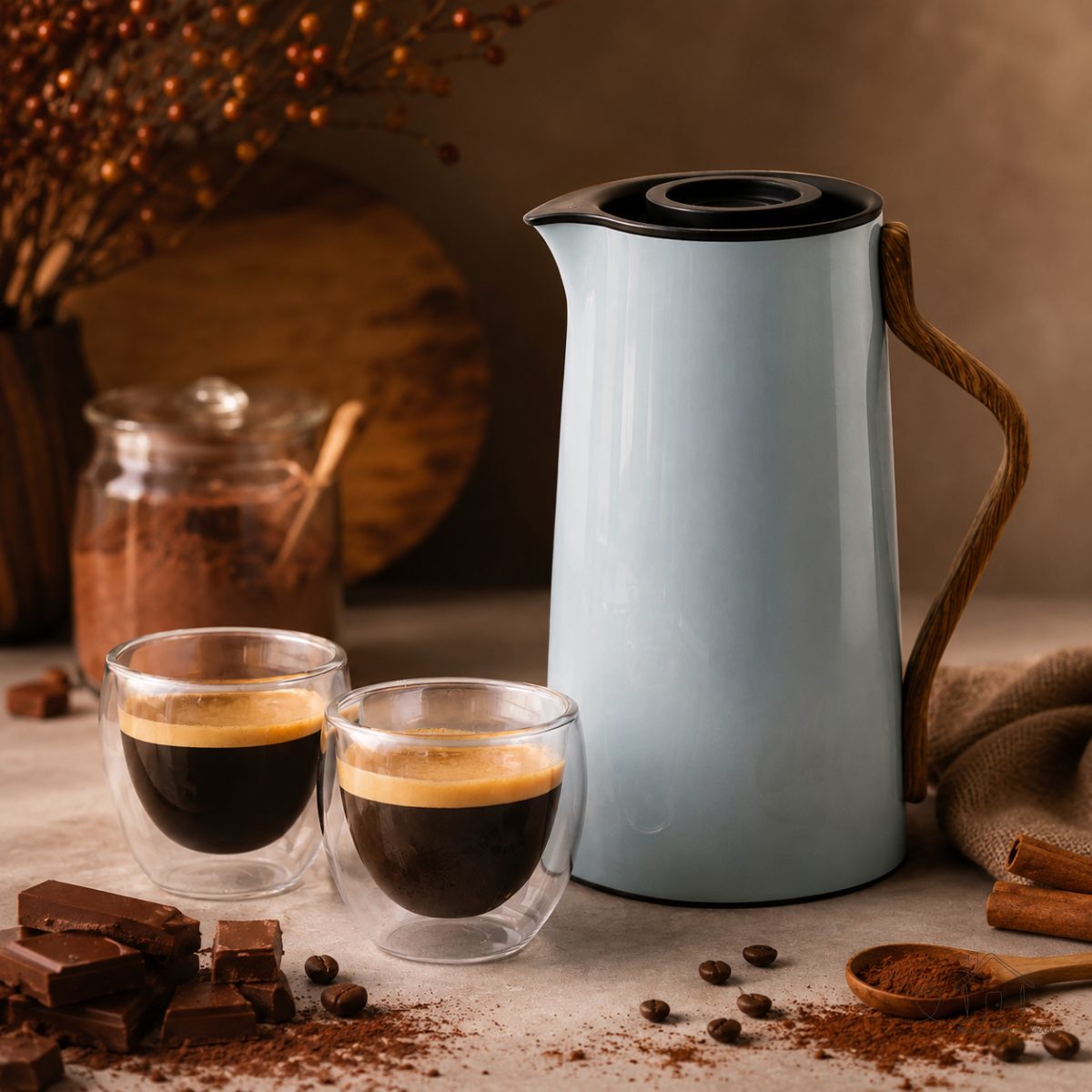 Kit Garrafa Térmica Jarro 1L + 2 Copos Vidro Dupla Camada 90ml Café
