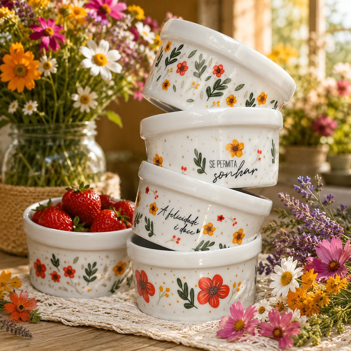 04 Potes Grande Porcelana Floral Decoração 210 ml