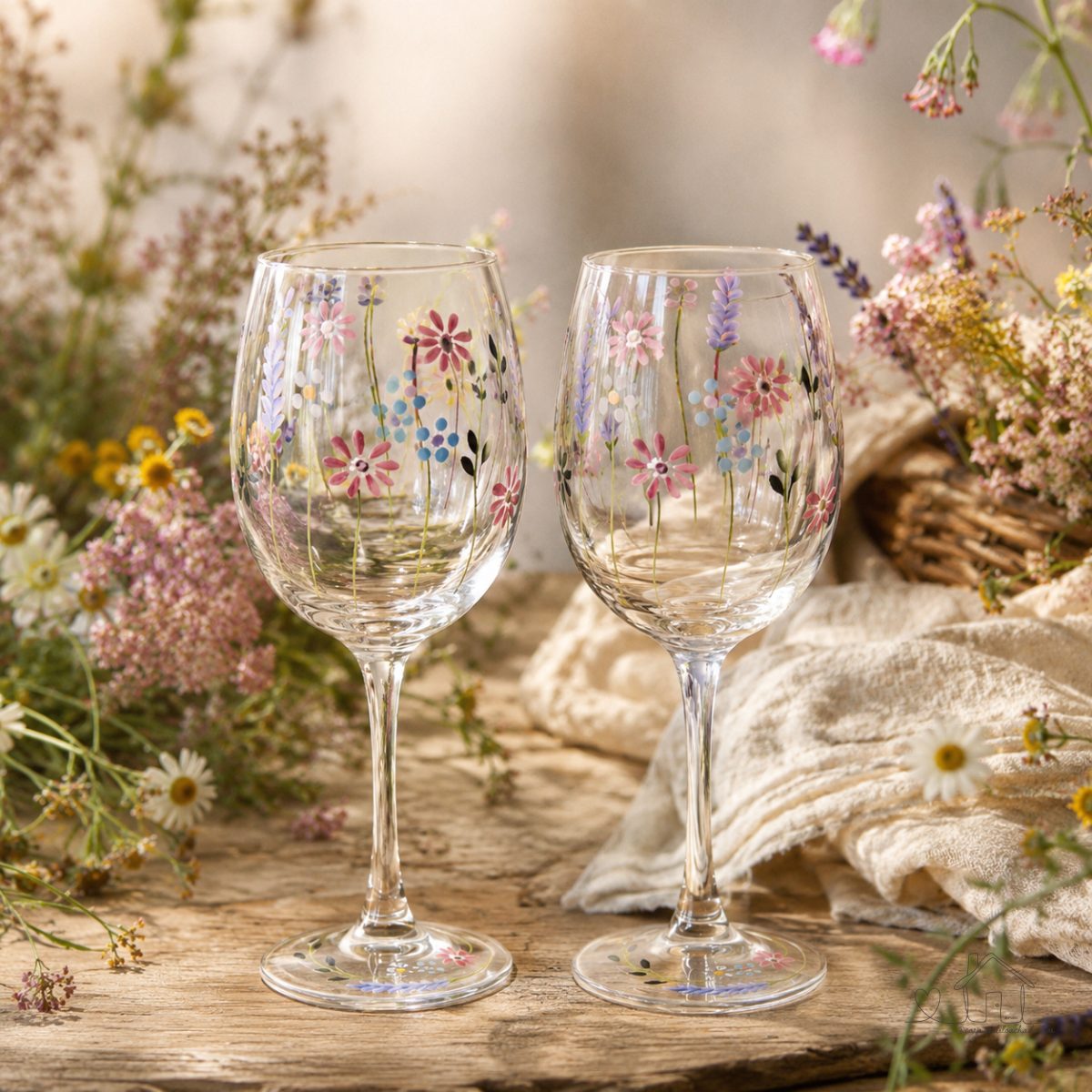 Conjunto 2 Taças Floralia 430ml Vidro Premium Pintado Água Suco Vinho Aperol