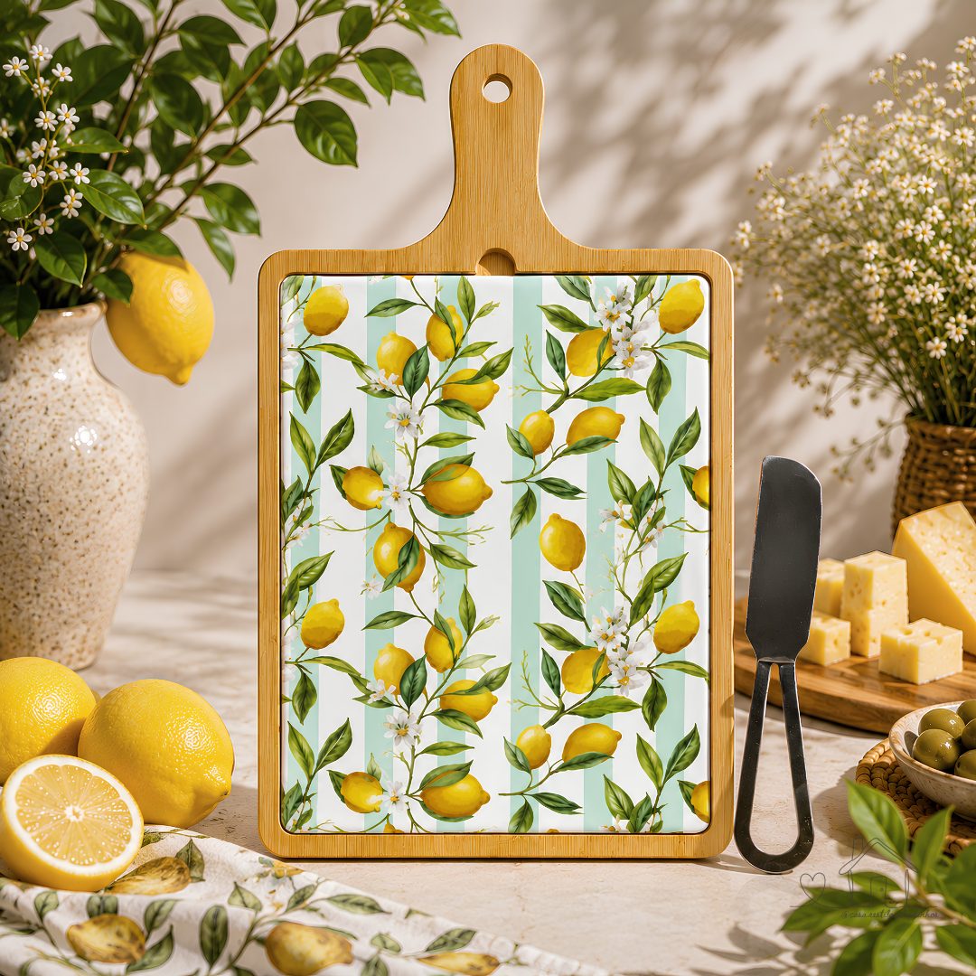 Conjunto para queijo limão siciliano com tábua bambu