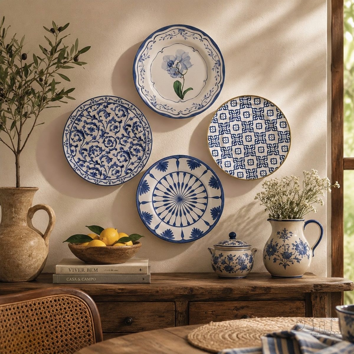 Prato Parede Mandala Arabesco Azul e Branco - Decorativo Cerâmica com Suporte Diâmetro 20,5cm