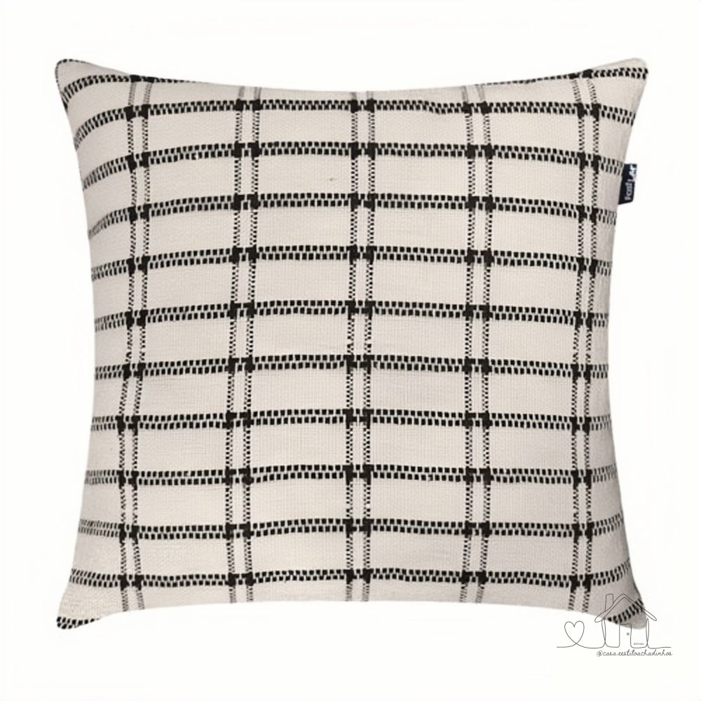 Almofada Decorativa Italiana Quadriculada Algodão 40x40cm Boho Natural Preto - sem enchimento