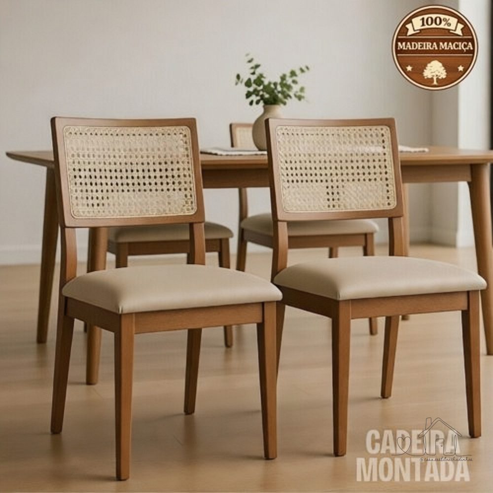 Kit 2 Cadeiras de Jantar Madeira Maciça Estofadas Linho ou Couro com Tela Sextavada Bege/Marrom