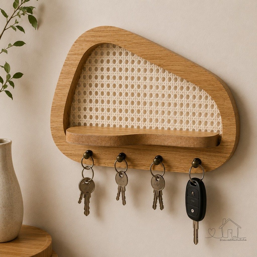 Porta Chaves Orgânico Decorativo com Prateleira e Palha Indiana