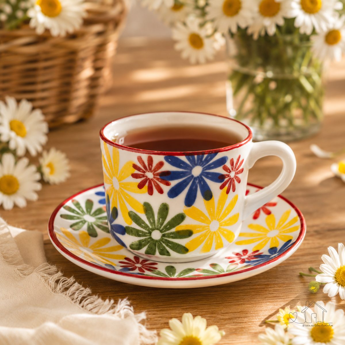 Jogo 6 xícaras chá 220ml - Porcelana decorada a mão / Bot-Art Flor de Campo