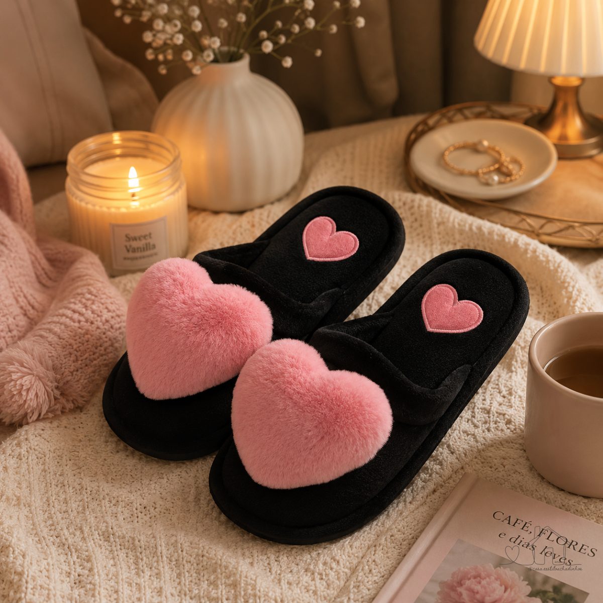 Pantufa com Coração - Confortáveis Antiderrapante Flexível Quente