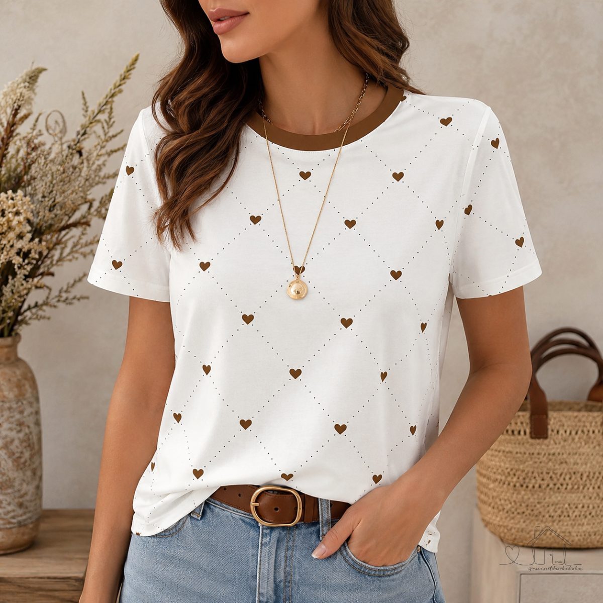 Camiseta Casual de Tecido com Costura de Padrão Colorida Primavera/verão para Mulheres