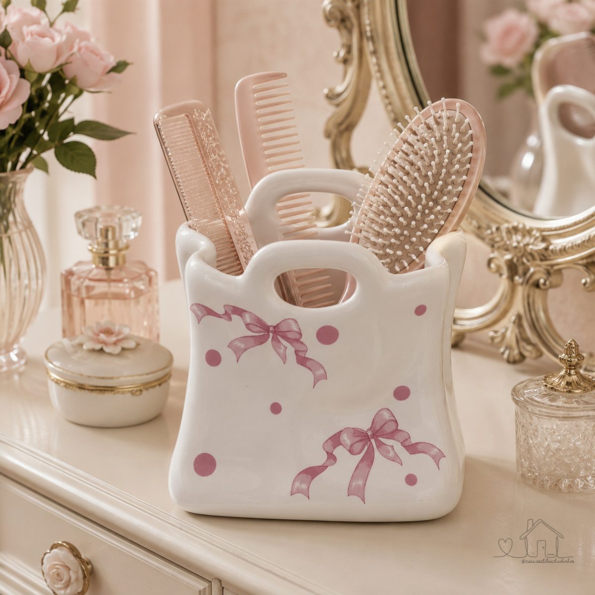 Porta Escovas Sacola Torcida Porcelana Laco Rosa com poa Porta Pentes e escova de Cabelo Porta Pincel de Maquiagem