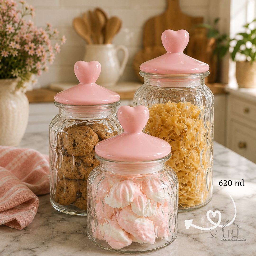 Pote Vidro Hermético Tampa Porcelana Coração 620ml