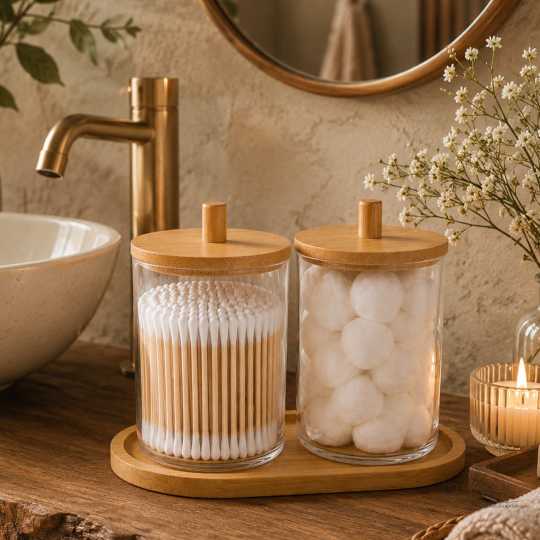Kit Porta Cotonete Algodão Bambu  Acrilico Transparente Lavabo com Bandeja