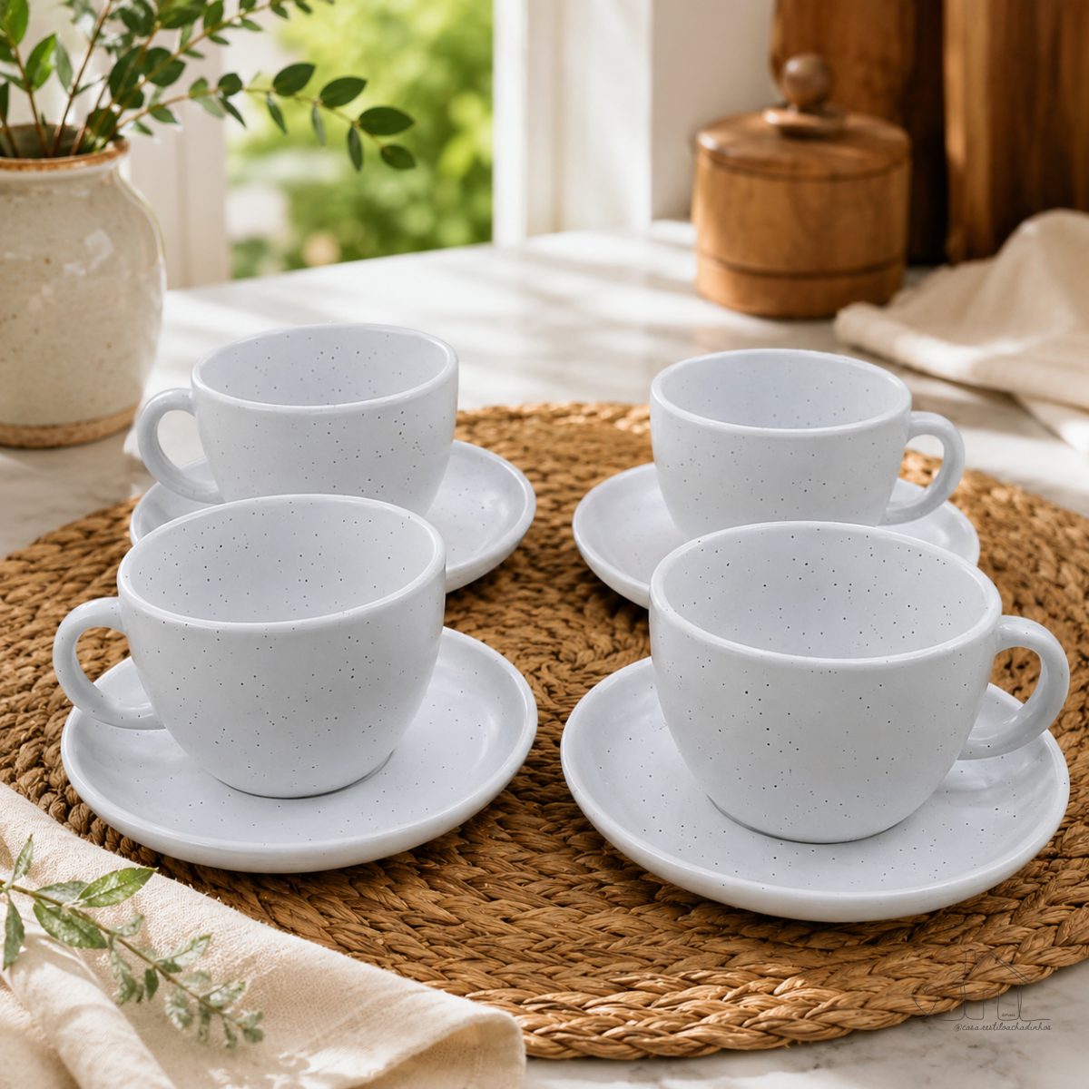 Jogo 4 Xícaras Chá Café 210ml com Pires Cerâmica branco