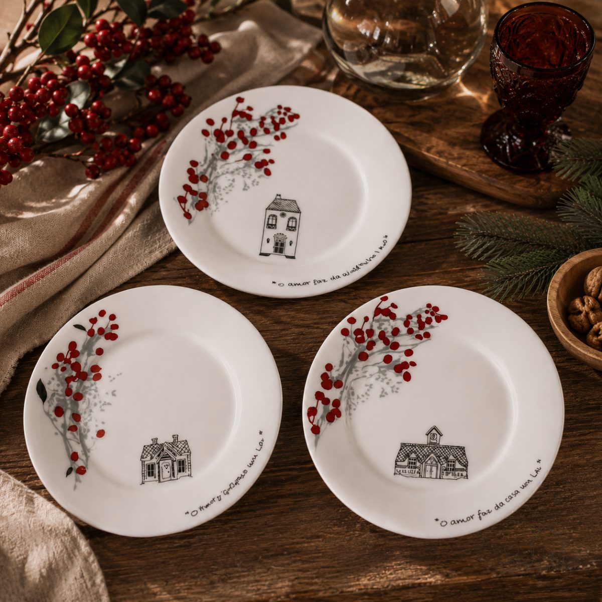 Jogo Prato Sobremesa Porcelana Azevinhos Natal Coleção Exclusiva