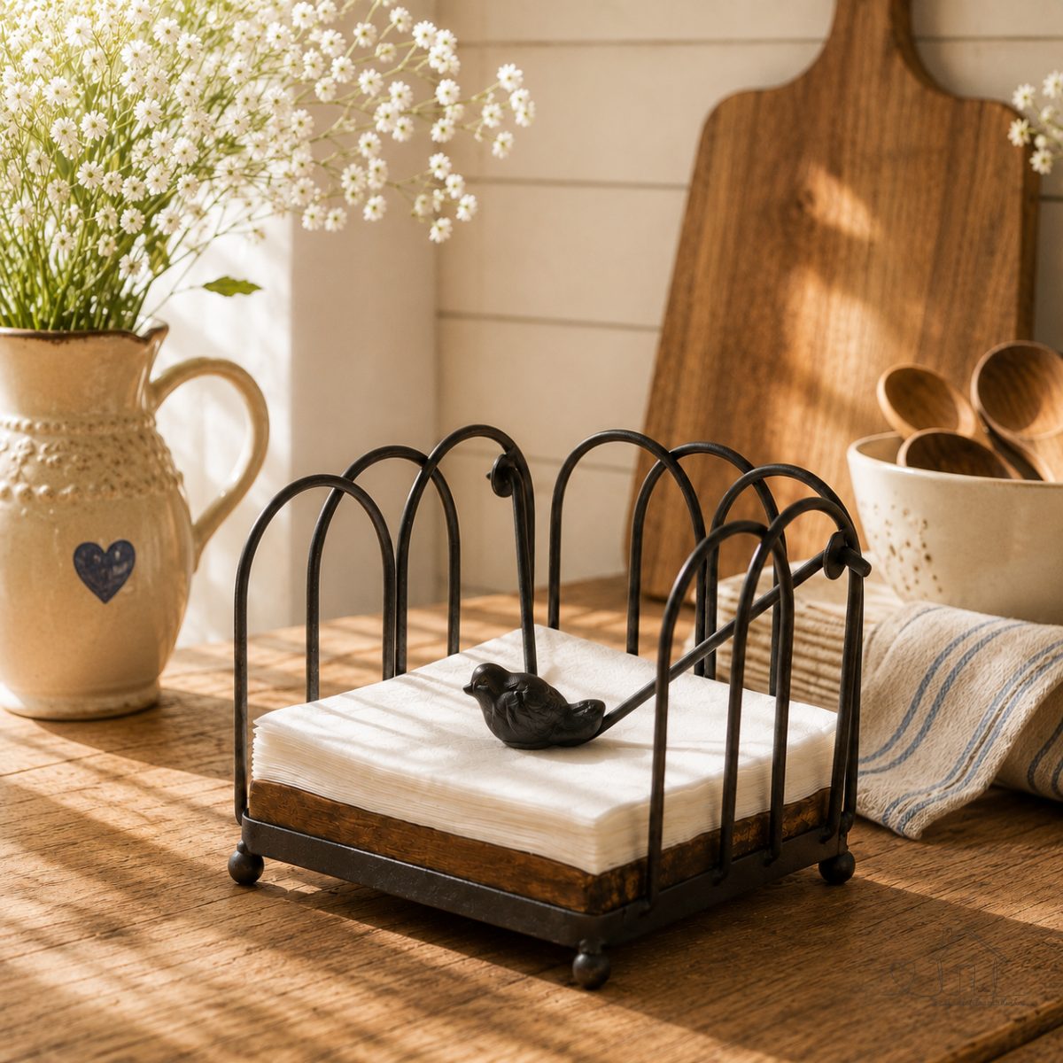 Porta Guardanapo Quadrado Pequeno com Passarinho em Ferro Marrom Decoração para Mesa Farmhouse