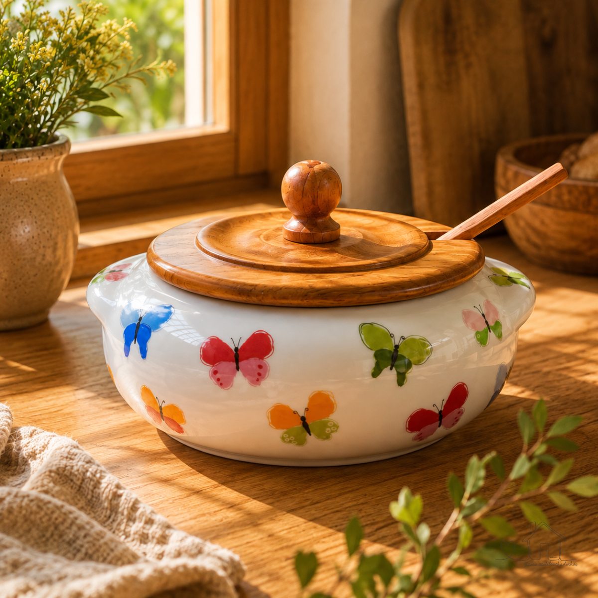 FARINHEIRA DE PORCELANA - borboletas coloridas (acompanha tampa e colher de madeira)