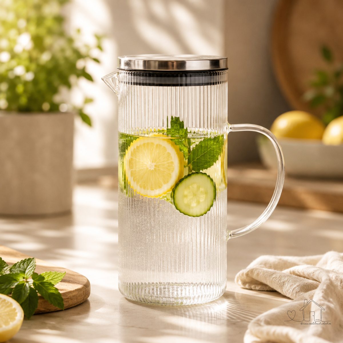 Jarra de Vidro Borossilicato 1,4L Tampa Inox Canelada
