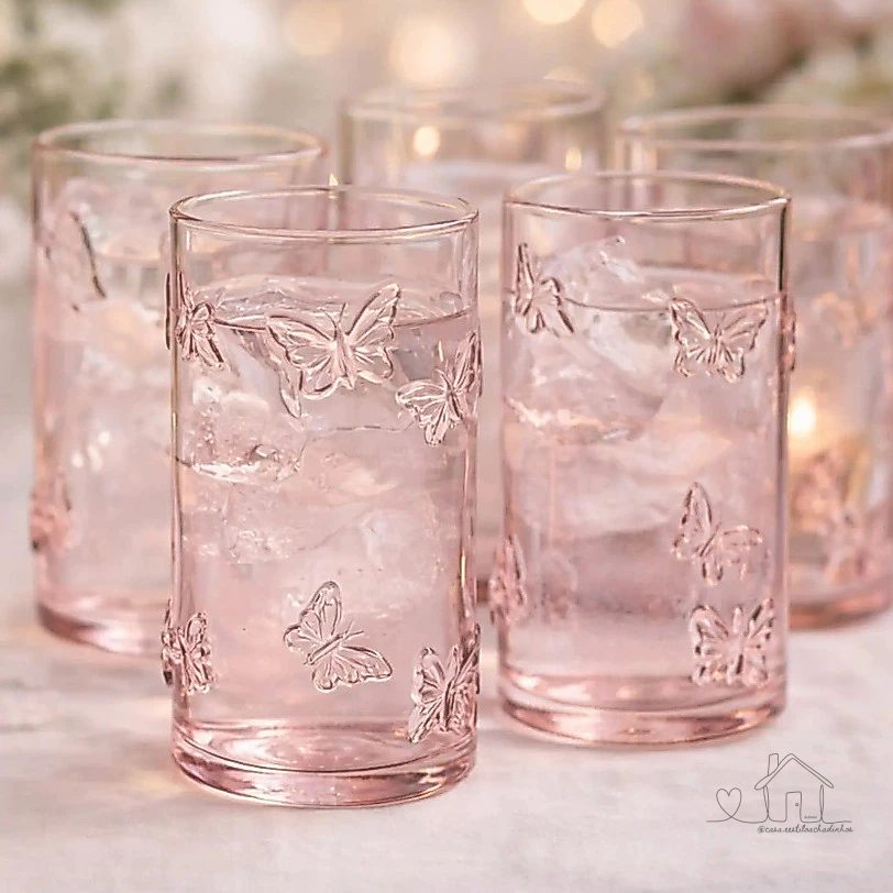 Jogo 4 Copos Altos Para Água Suco Butterfly Rosa Hauskraft 460ml