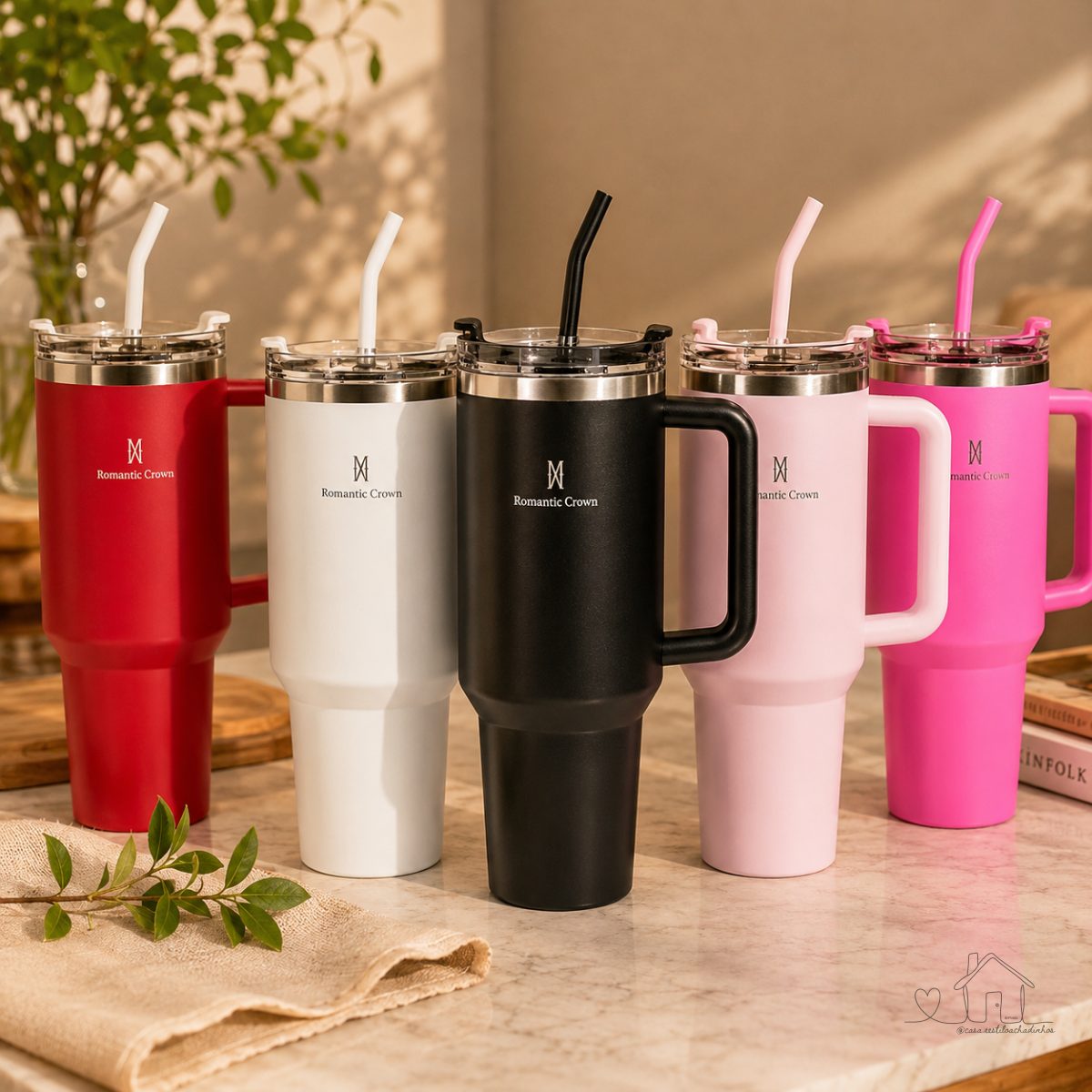 Copo Térmico Inox Portátil 1200ml Inoxidável com Tampa e Canudo - ROMANTIC CROWN