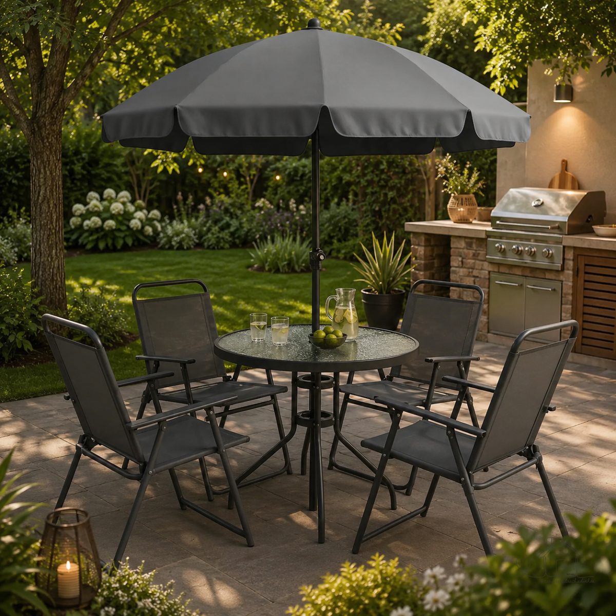 Conjunto De Mesa Com 4 Cadeiras + Guarda Sol Piscina Jardim