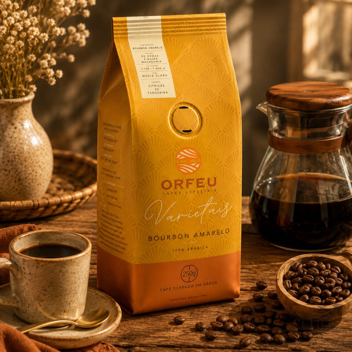 Orfeu Café Bourbon Amarelo em Grãos, 100% Arabica, Torra Média Clara 250g | 100% Arábica.