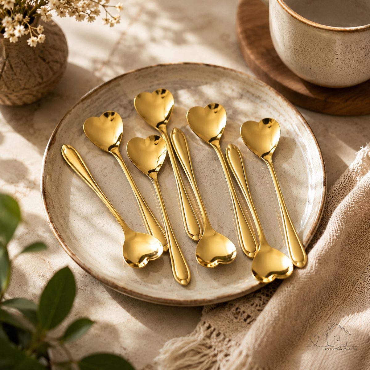 Kit 10 Colheres Coração Douradas Aço Inoxidável