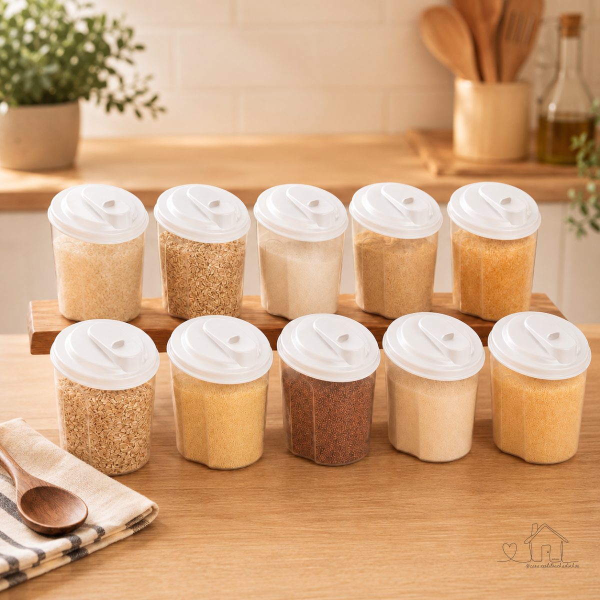Kit 10 potes de 700ml (Aveia/ Farinha/ Açai/ Granola/ Farofa/ Fubá/ Açucar) Tampa Branca