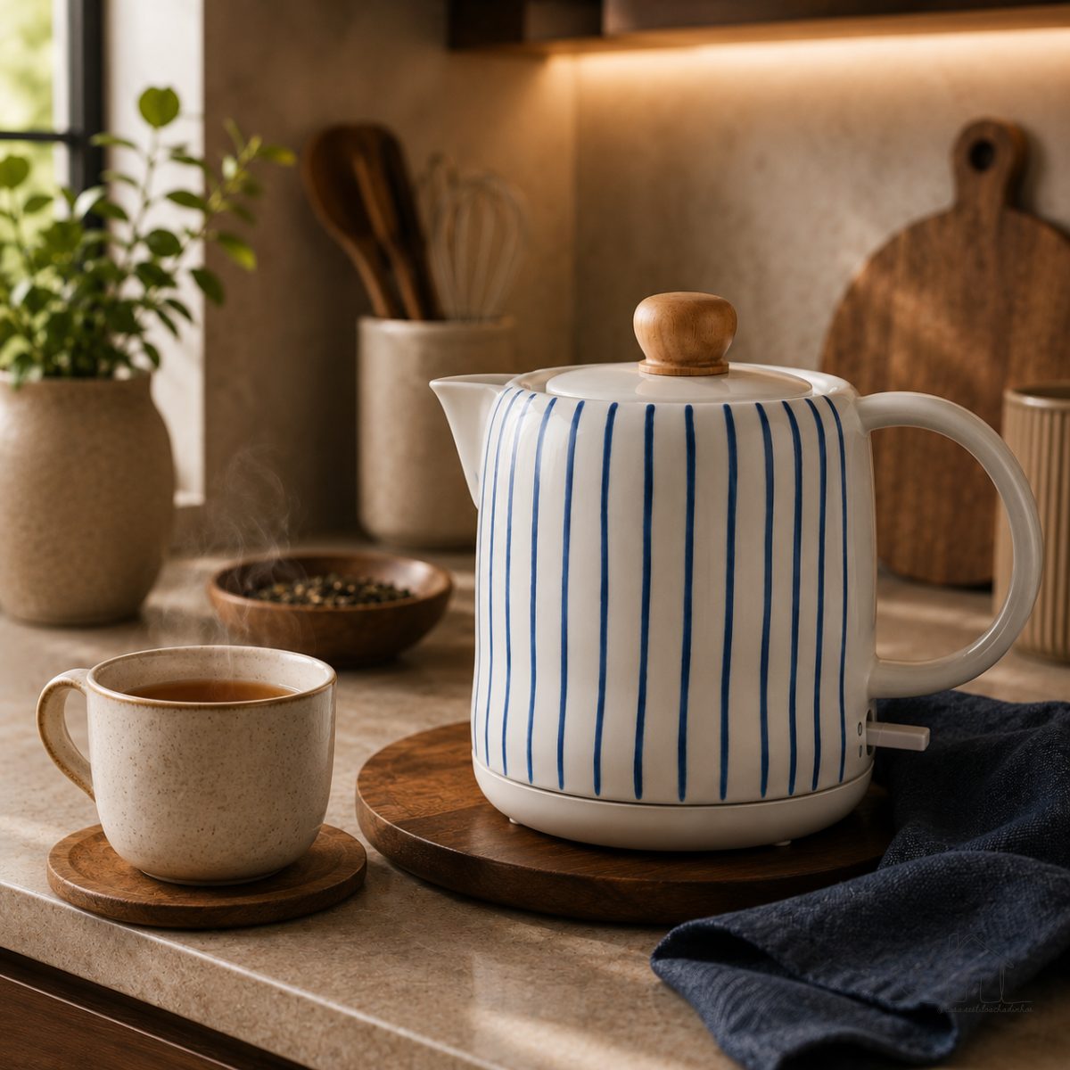 Chaleira Elétrica Porcelana Listrada Azul 127v Cabo Madeira