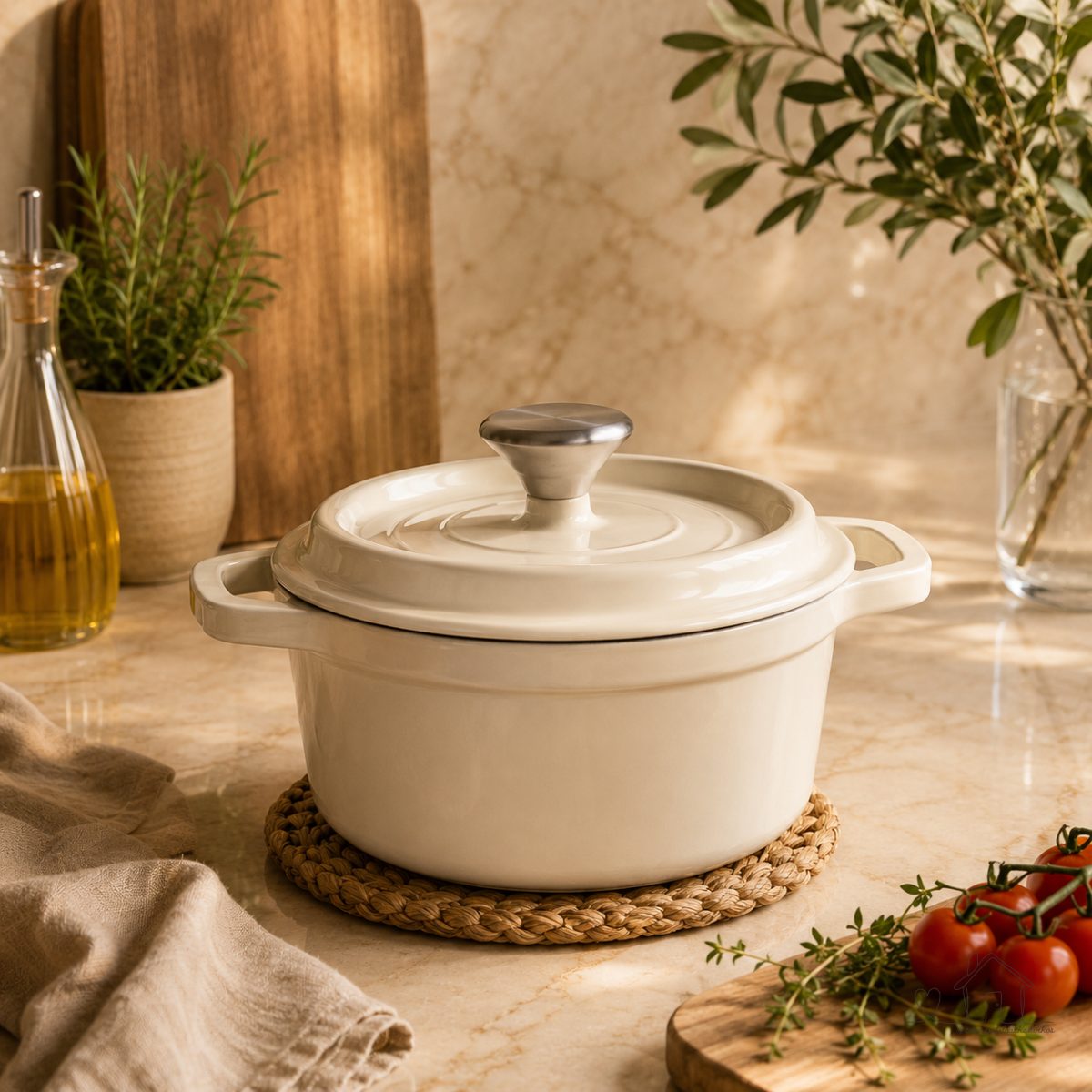 Panela Caçarola de Ferro Fundido Esmaltado com Tampa 24cm Branco - Mollycook