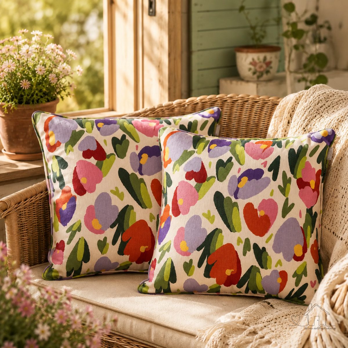 Capa de Almofada Estampada com Cordonê - Floral Colorida 100% Algodão 43x43 cm