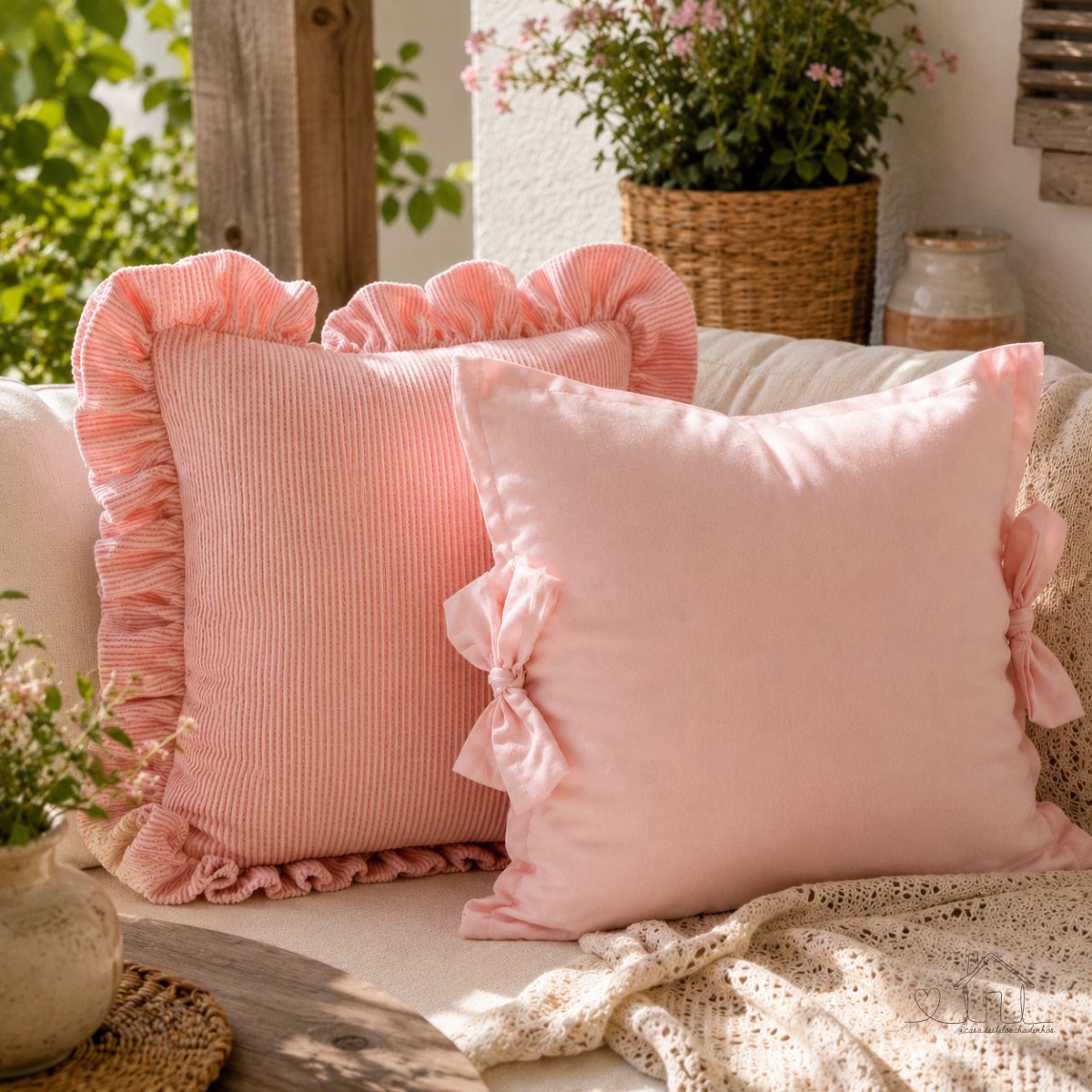 Capas De Almofadas Estilo Farmhouse | Com Babados e Laços 40x40 cm (Kit 2 peças Rosa)